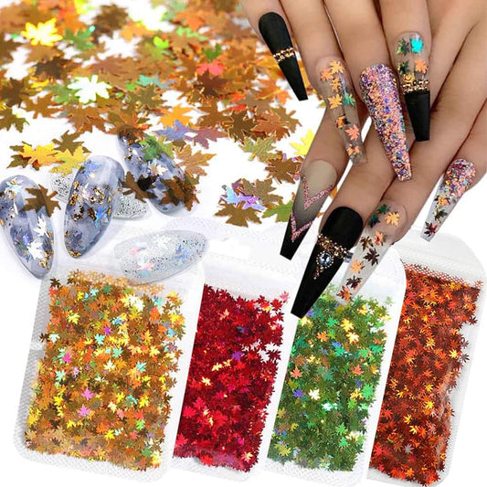 5 Bags Fall Holographic Nail Art Maple Leaf Sequins Glitters, Nails Decorations Supply Gel Polish Manicure Tips Accessories Autumn Maple Leaves Nail Design Glitter Flakes Set
