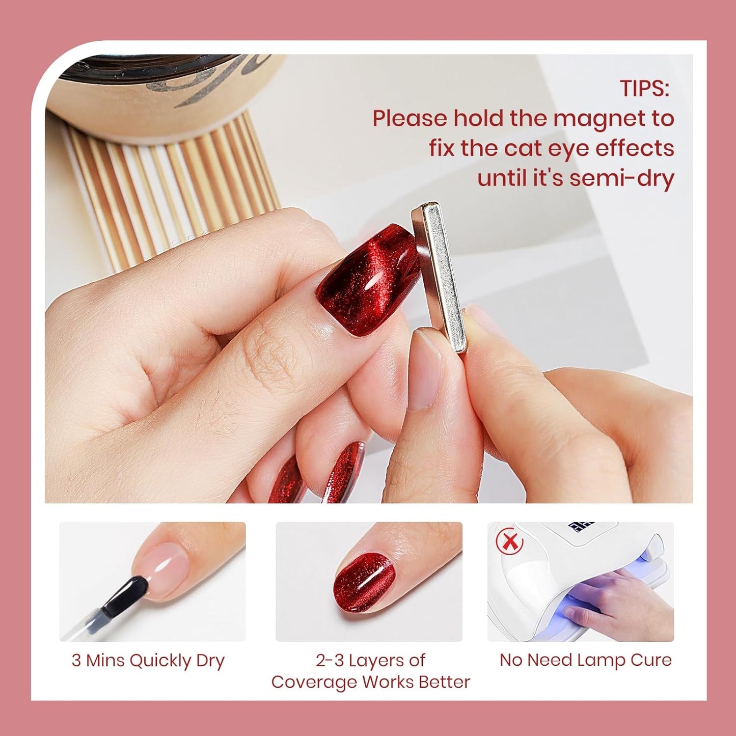 Red Magnetic Nail Polish Non Gel, Cat Eye Nail Polish Quick Dry Lacquer Manicure Gift For Women Girls 16ml/0.54 oz