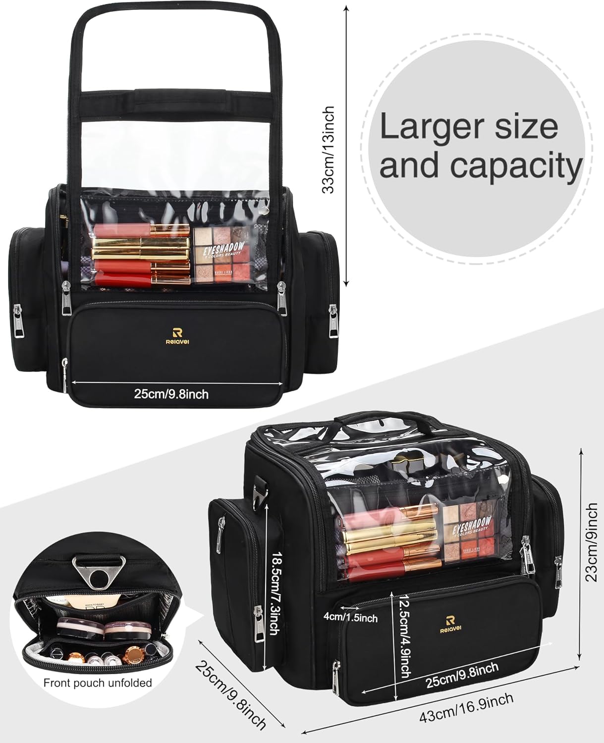 Makeup Brush Bag, Clear Makeup Brush Holder with Lid, Extra Large Capacity Travel Cosmetic Bag Makeup Artist Must Haves, Black Makeup Case, Make Up Organizers and Storage, with Adjustable Dividers