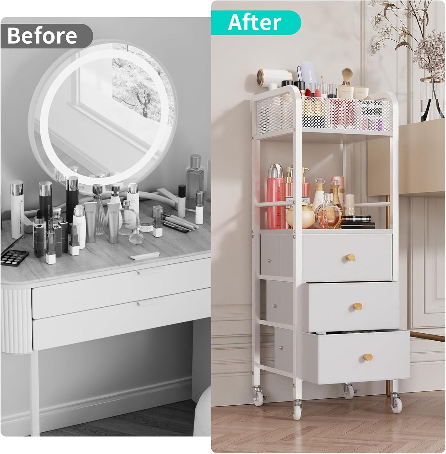 HapiRm Rolling Makeup Cart Organizer - Floor Skincare Make Up Storage with 3 Drawers, Vanity Organizer Cosmetic Display Cases Holder for Skin Care Perfume Nail Polish Brush Hair Tool, White