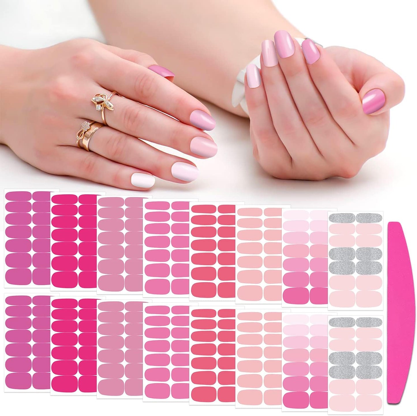 SILPECWEE Pink Nail Wraps for Women Nail Polish Strips Solid Color Glitter Self Adhesive Nail Polish Stickers Gel Nail Strips Fingernail Manicure Stickers with 1pc Nail File (16 Sheets)