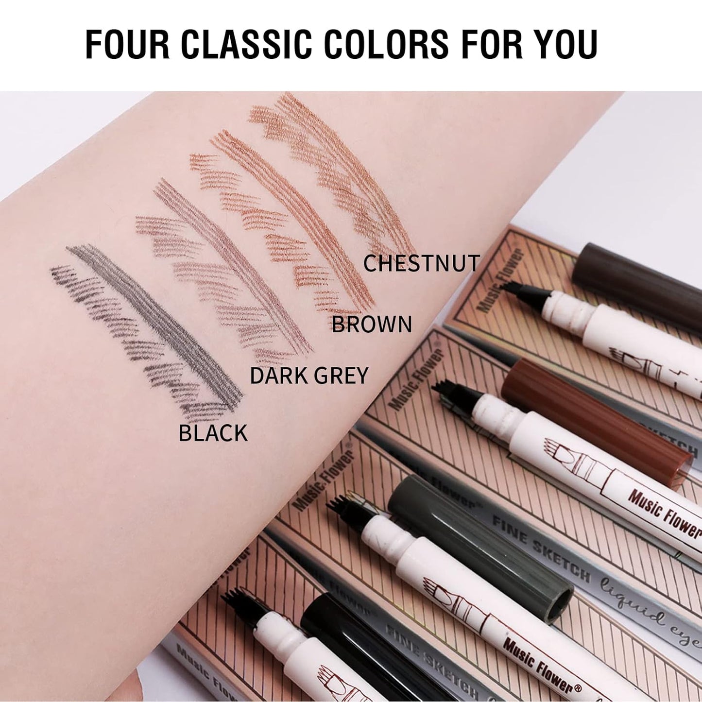 Music Flower Eyebrow Pen, Liquid Eyebrow Pen, Waterproof Brow Pencil with Micro-Fork Tip, Smudgeproof Long Lasting Fine Sketch Microblading Pen, Reddish Brown
