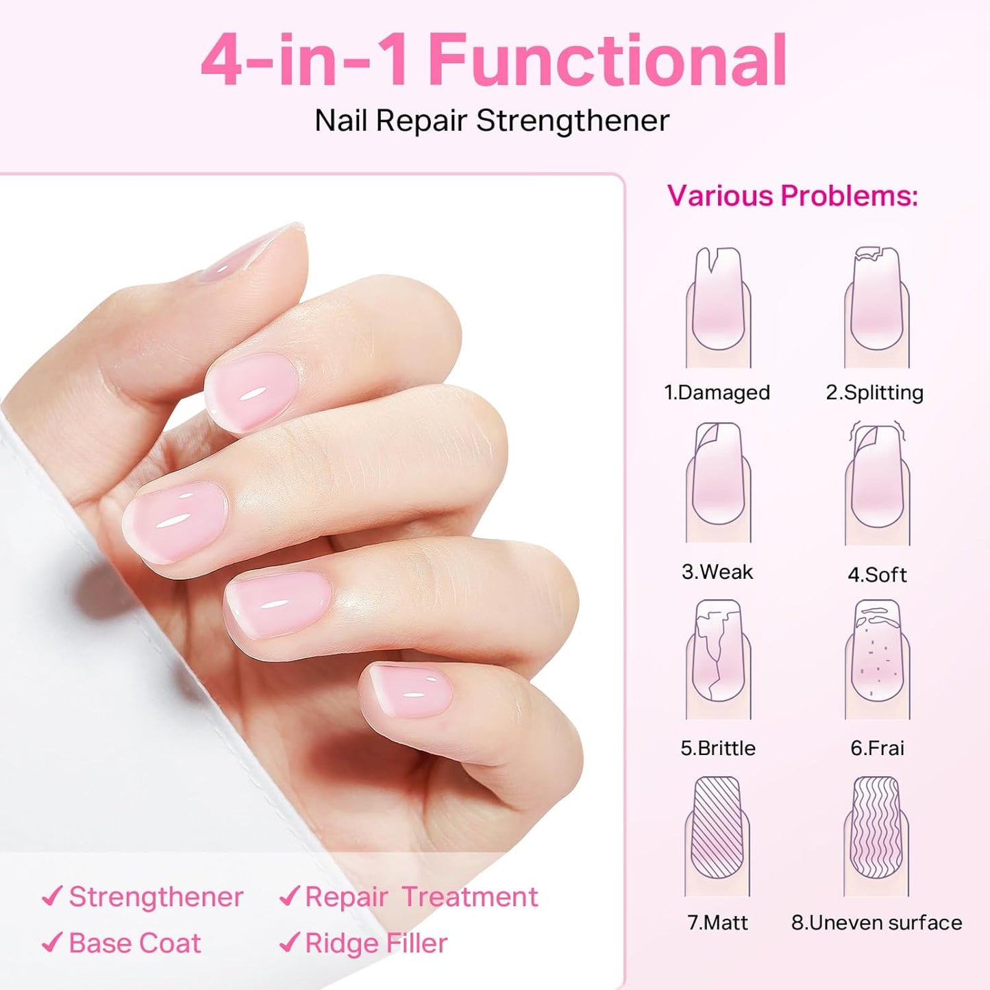 MIZHSE Nail Strengthener, Light Pink Air Dry Nail Repair Treatment Growth Polish, Natural Concealer Ridge Filler for Nails Foundation Polish for Thin and Damaged Nails 16ML