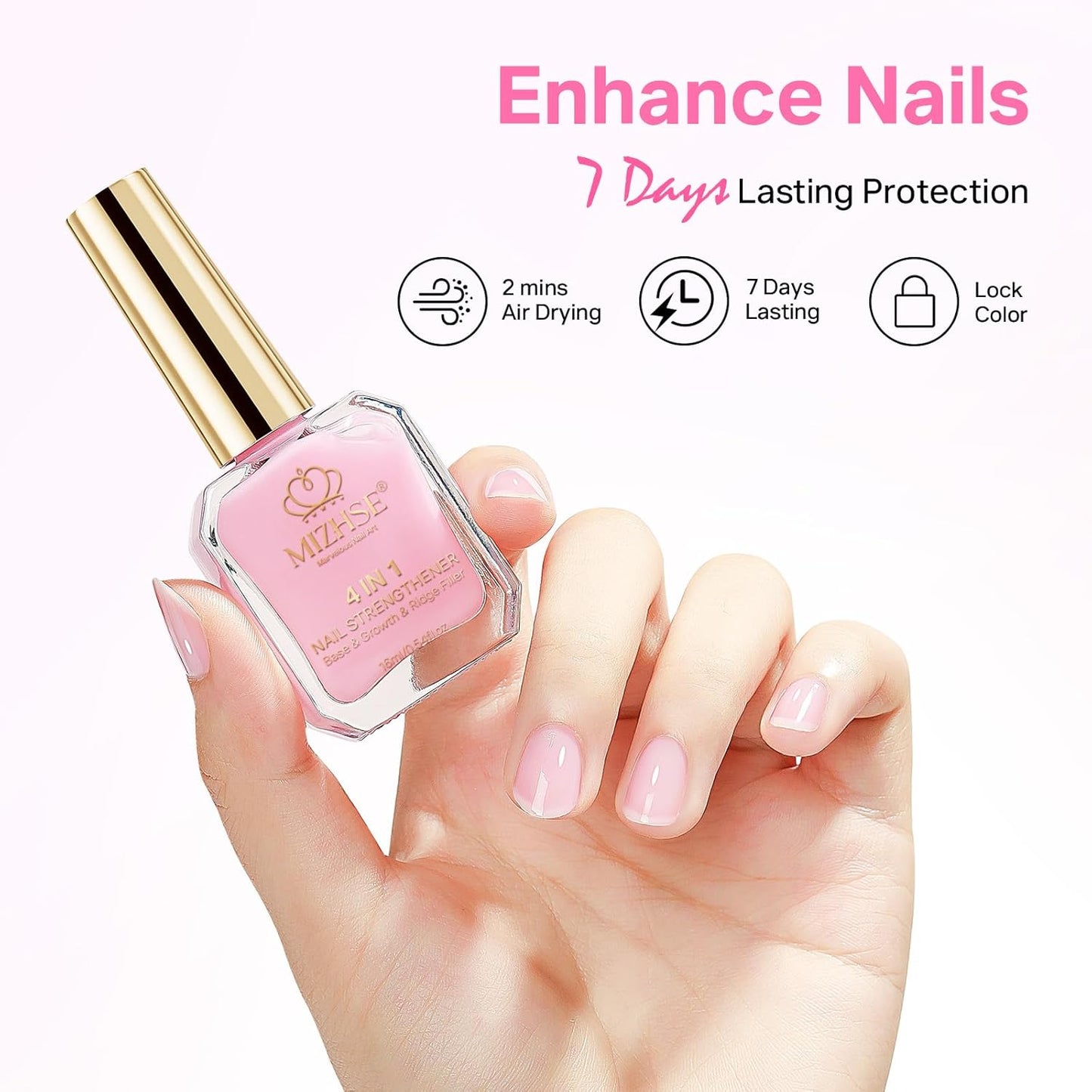 MIZHSE Nail Strengthener, Light Pink Air Dry Nail Repair Treatment Growth Polish, Natural Concealer Ridge Filler for Nails Foundation Polish for Thin and Damaged Nails 16ML