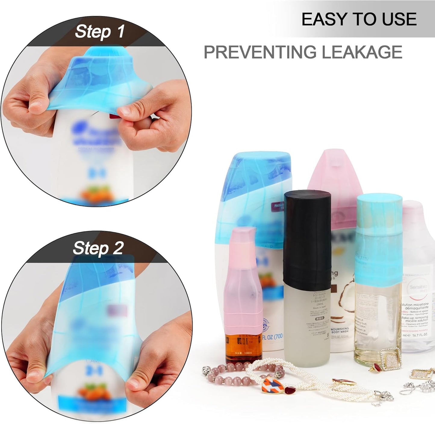 Travel Hanging Toiletry Bag for Women, Large Makeup Bag 8 Leak Proofing Silicone Bottle Covers, Waterproof Cosmetic Bag with Jewelry Organizer Compartment, Toiletries Kit Set, Blue