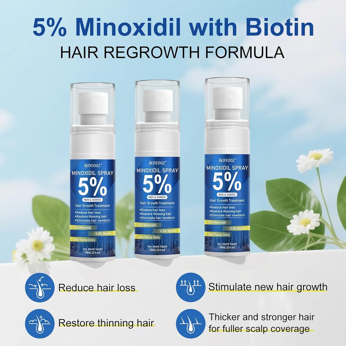 5% Minoxidil Spray for Men and Women, Infused with Biotin, for Hair Regrowth Treatment, Beard Growth, Extra Strength Treatment to Combat Hair Loss and Thinning, 3 Month Supply, 3 Bottles