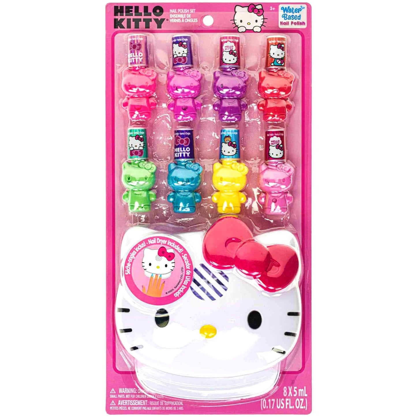 Townley Girl Hello Kitty 8 Pack Non-Toxic Peel-Off Shimmer and Opaque, Water-Based Safe Nail Polish Set with Nail Dryer for Kids, AA Batteries Not Included, Ages 3 and Up