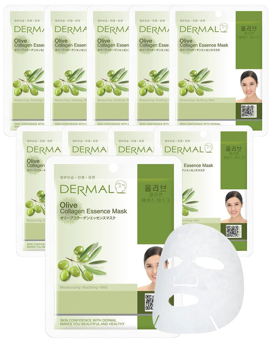 DERMAL Olive Collagen Essence Korean Facial Mask Sheet Pack of 10 - Nourishing, Deep Hydration, Reduces Fine Wrinkles - Hypoallergenic Skin Friendly Sheet