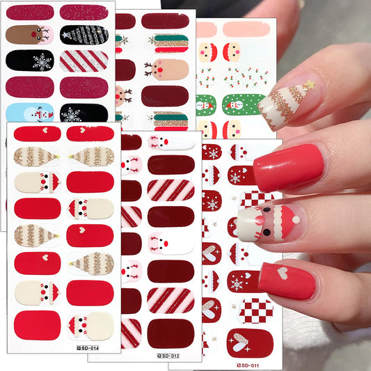 6Sheets Winter Gel Nail Stickers Christmas Full Wrap Gel Nail Strips Glitter Xmas Trees Reindeer Snowmen Nail Polish Stickers Cute Santa Claus French Gel Nail Decals Christmas Stickers for Nail Art