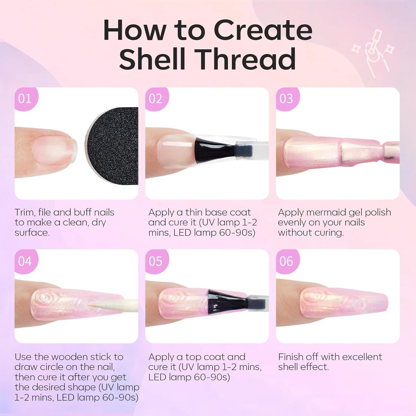 modelones Gel Nail Polish, 6 Colors Shimmer Pearl White Pink Purple Mermaid Nail Drawing Glitter Gel Polish with Dotting Pen Soak Off Led Nail Polish Swirl Shell Thread Effect Manicure DIY Gift