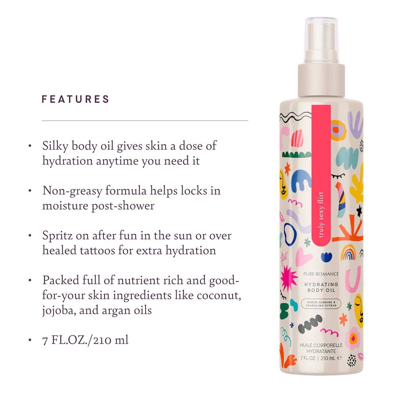 Pure Romance Lustra Hydrating Body Oil - Non-Greasy After Shower Moisturizer for Dry Skin - Infused with Jojoba and Argan Oils - Mist on With Convenient Spray Bottle, 7 Fl Oz, Truly Sexy Flirt