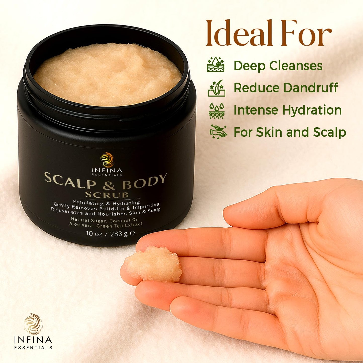 Scalp and Body Scrub – Exfoliating Sugar Cleanser with Coconut Oil, Menthol & Aloe – Dual-Use Polisher for Dry Skin & Flaky Scalp – Soothing, Cooling & Hydrating - INFINA ESSENTIALS | 8.45 fl oz