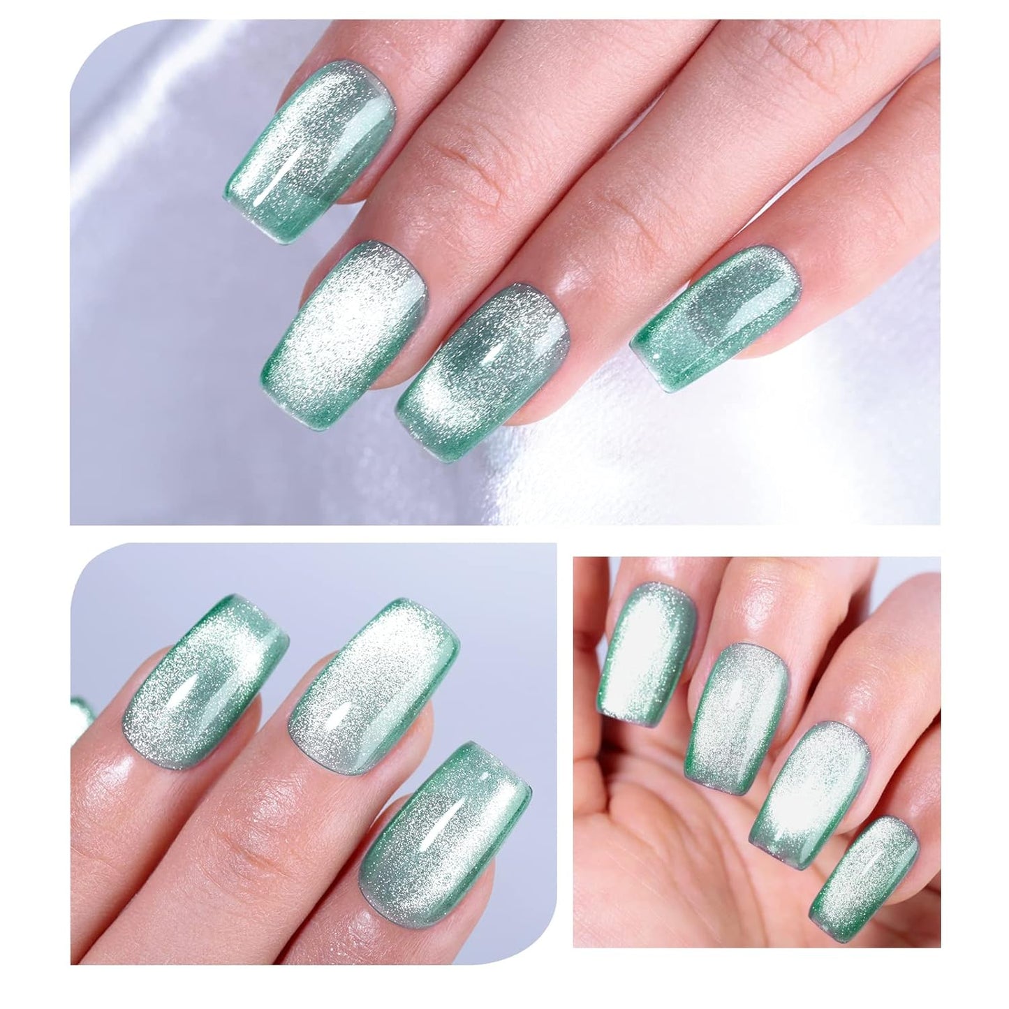 Imtiti Light Green Color Gel Nail Polish, 0.5 fl oz Holographic 9D Cat Eyes Glitter Magnetic Gel Polish with Magnetic Stick for Nail Salon
