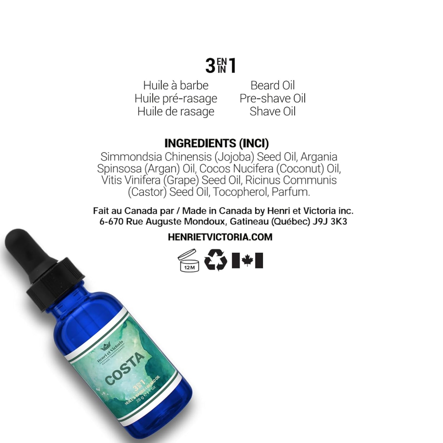 Beard Oil Costa Fragrance | Canadian Made by Skilled Artisan | Moisturizing, Non-Greasy, Natural Ingredients