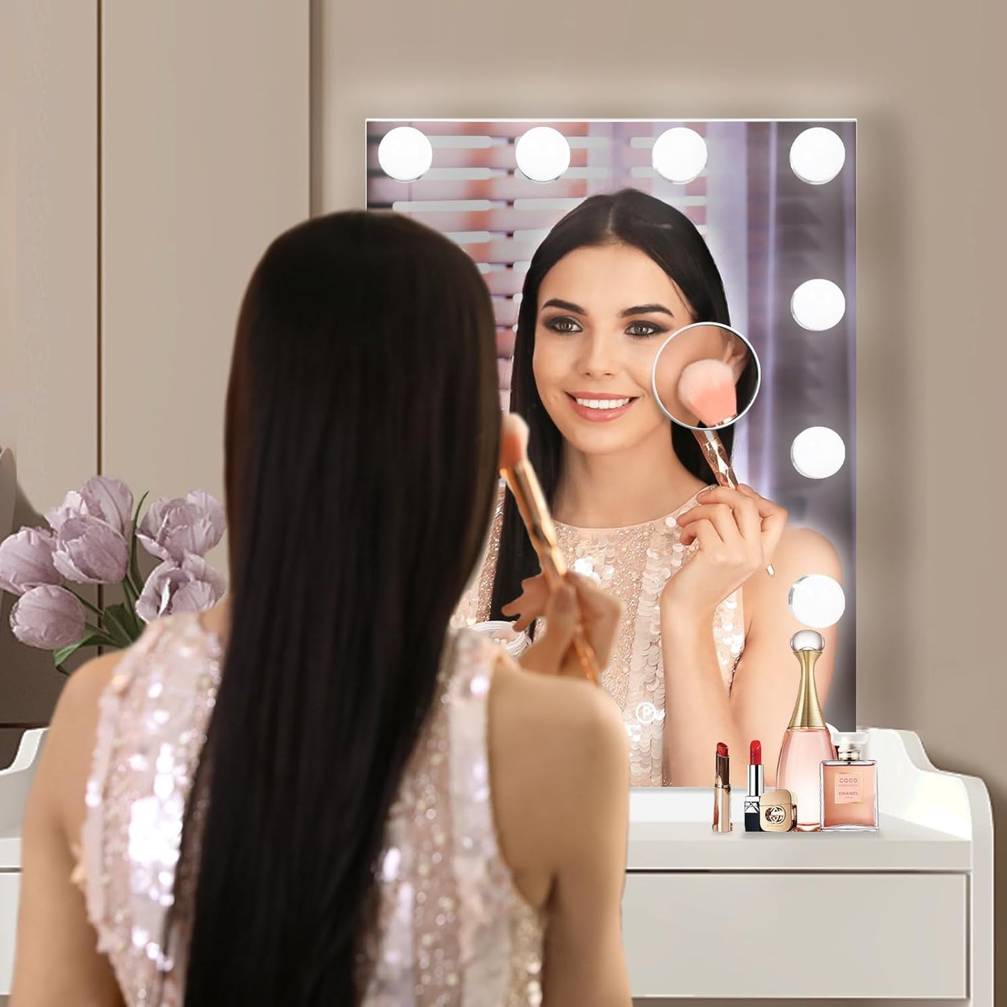 Hollywood Vanity Mirror with Lights, 12 Dimmable Bulbs, 3 Color Lights,Make Up Lighted Mirror, Aluminum Metal Frame, USB Charging Port（14" x 18"）