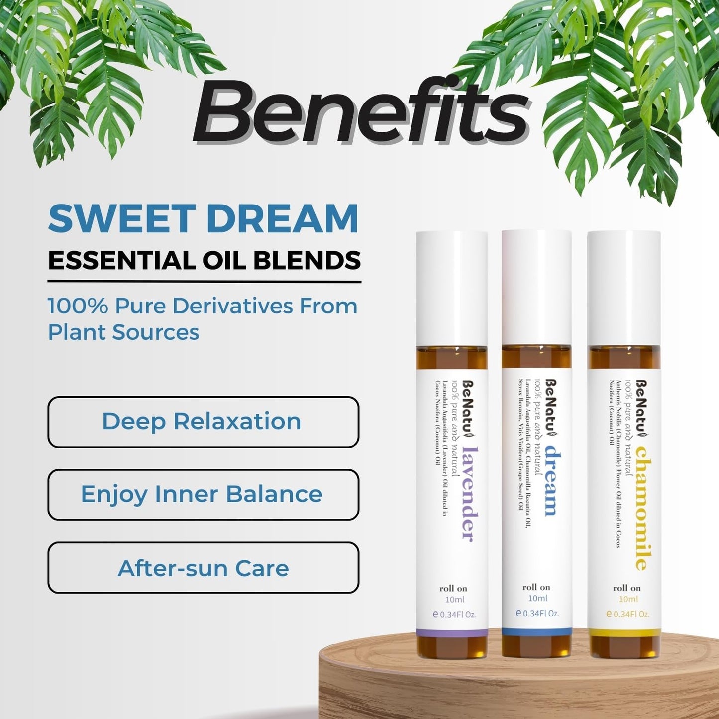 Benatu Essential Oil Roll On Set (Dream, Lavender, Chamomile), Aromatherapy Roller for Massage, Body Skin Care, Home - Natural Fragrance Gift for Women and Men