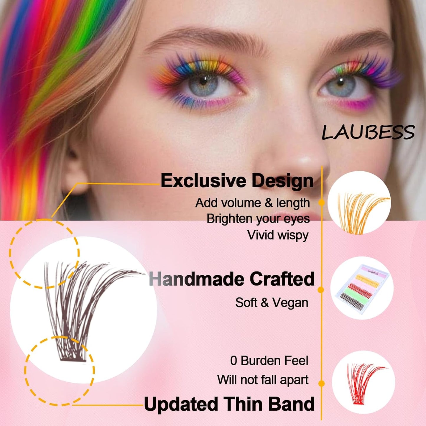 Colored Lash Clusters LAUBESS Colored Eyelash Clusters Wispy Colored Lash Extensions Colorful Lash Clusters Individual Lashes White Orange Light Pink Red Green Dark Brown (Colorful 0.07D, 13/15mm)