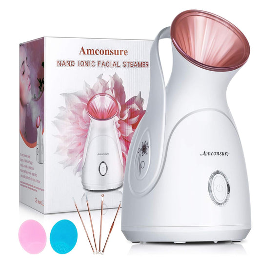 Facial Steamer, Amconsure Nano Ionic Face Steamer for Home, 100ML Warm Mist Humidifier for Women Moisturizing, Unclogs Pores-Bonus Stainless Steel Skin Kit and 2 Face Scrubbers