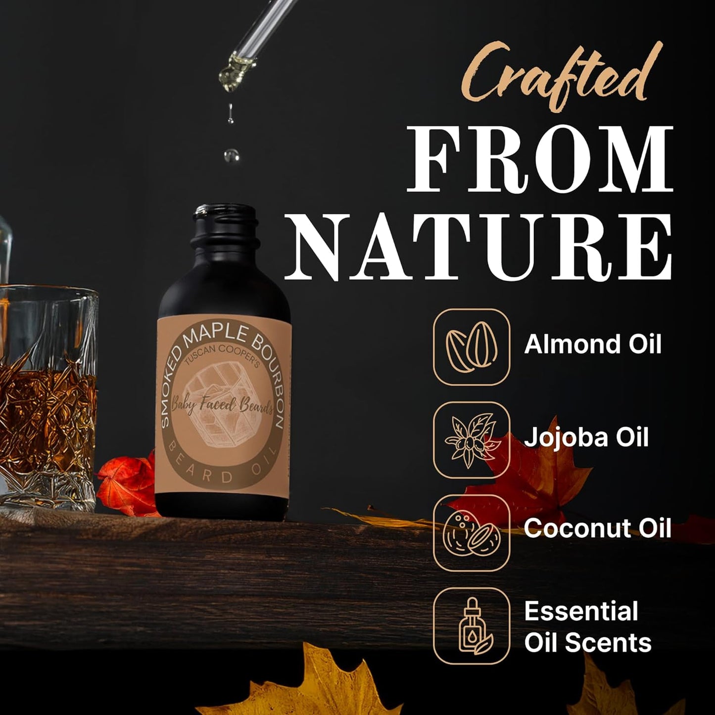 Tuscan Cooper's Baby Faced Beards Oil for Men - Hydrating, Nourishing, Natural Beard Softener and Conditioner for All Hair Types. Coconut, Jojoba, and Sweet Almond Moisture - Smoked Maple Bourbon