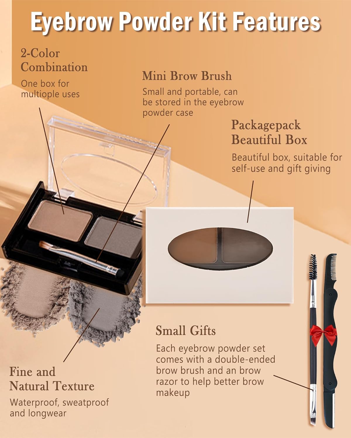 Waterproof Eyebrow Powder Kit-2 Colors Eye Brow Powder Tinted Palette Long Lasting Up to 16H,Dark Grey/Dark Brown Brow Filler Defined&Sculpt Natural Eyebrow Makeup Sparse Brow with Brow Brush&Razor-04