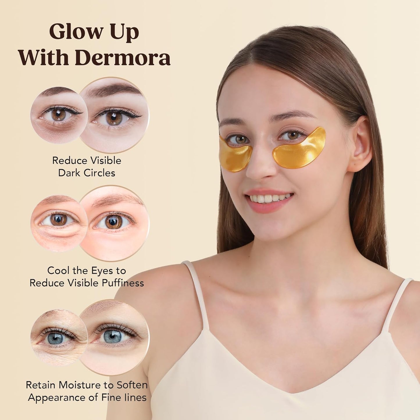 DERMORA Golden Glow Under Eye Patches | Rejuvenating Treatment | Dark Circles, Puffy Eyes, Refreshing, Revitalizing, Travel, Wrinkles | 50 Pairs Eye Gels