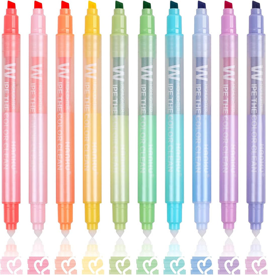 Erasable Highlighters, 10 Pastel Highlighters Assorted Colors, Dual Tip Cute Erasable Highlighter Pens No Bleed Through for Bullet Journaling, Bible Study, School Office Supplies