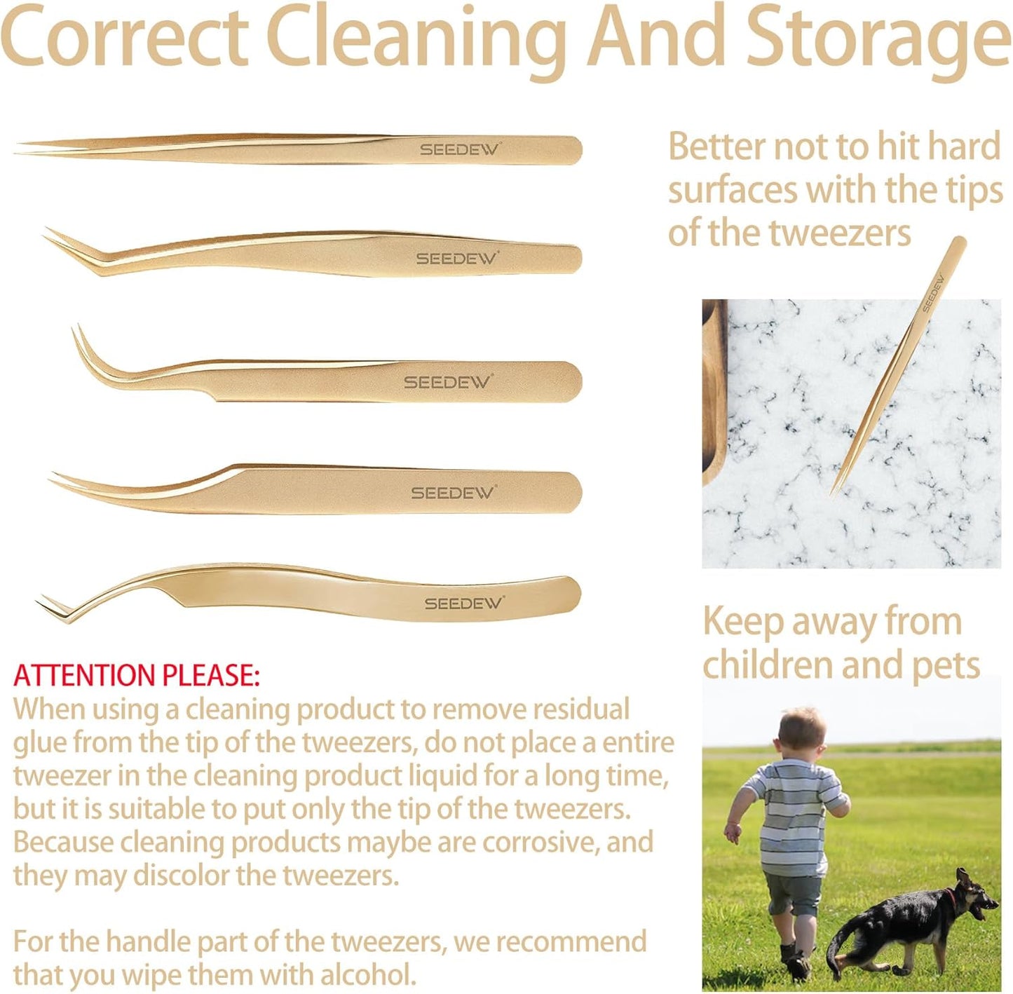 SEEEDEW Tweezer Eyelash Extensions - 1 Pcs Stainless Steel Curved Pointy Precision Tweezer for Lash Tech, Lash Artist Beginner (Golden)