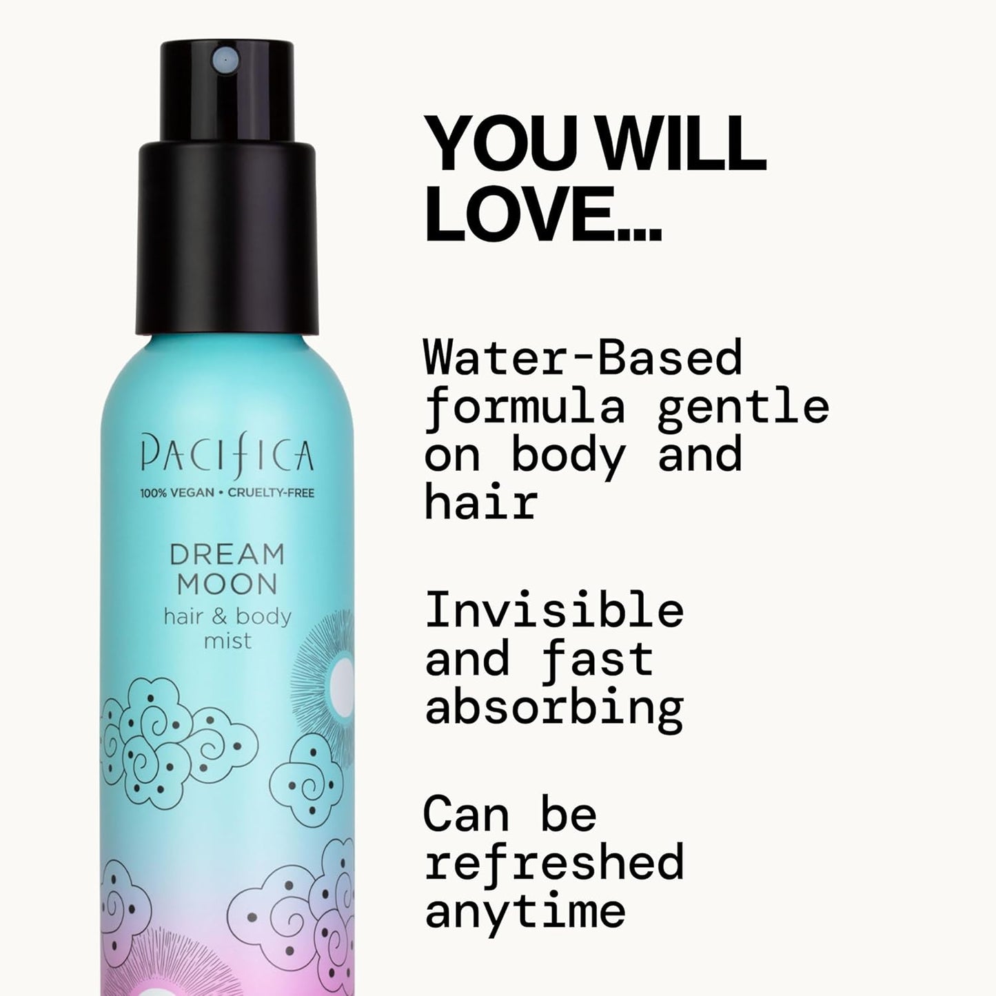 Pacifica Hair Perfume & Body Fragrance Spray Mist - Dream Moon with Bergamot, Pear, Pink Rose, Coconut, Vanilla, Sandalwood & Patchouli – Alcohol-Free, Vegan & Cruelty-Free, 5 oz (1 Count)