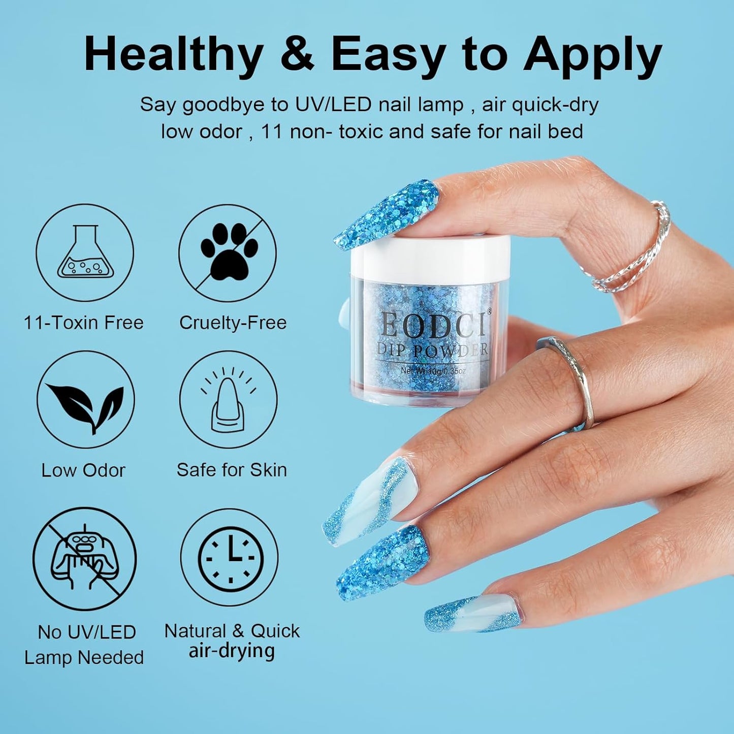 12 Pcs Dip Powder Nail Kit Starter, 6 Colors Glitter Blue Snow Dipping Powder Kit With Base & Top Coat/Activator/Brush Saver, Nail Art Manicure Salon DIY for Daily at Home Party Gifts for Women