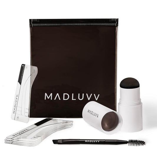 MADLUVV Brow Stamp Kit with Brow Stencils – Easy Eyebrow Shaper for Natural-Looking Brows – Popular Eyebrow Stencil Kit Used by Professionals – 9 Shapes, Spoolie, Travel Bag & Stamp (Medium Brown)