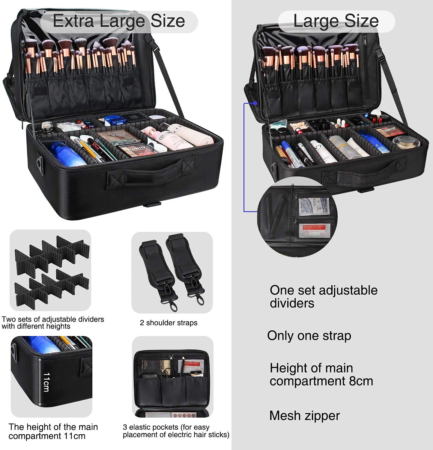MONSITNA Extra Large Makeup Case 17 Inch Super Large Capacity Travel Makeup Train Case Professional Makeup Artist Case Nail Polish Organizer Storage Box with Two Adjustable Shoulder Strap (Black)