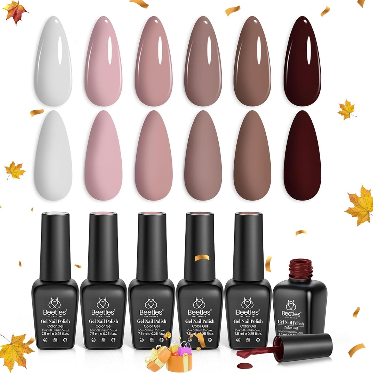 Beetles Fall Gel Nail Polish Set Brown Beige Mauve Pink Nude White Neutral 6 Colors Gel Polish Kit for Nail Art Manicure Soak Off Uv LED Nail Lamp Needed Gifts for Women Coffee Time