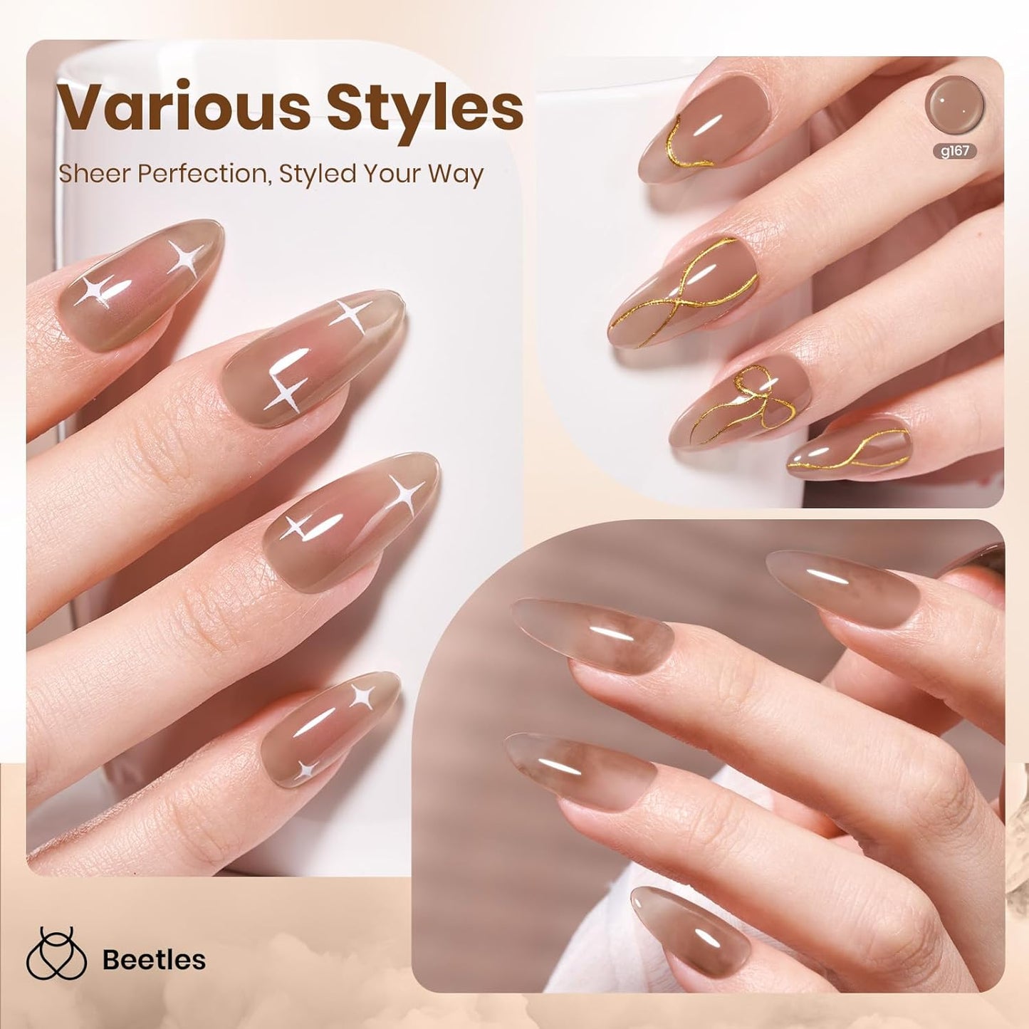 Beetles Brown Jelly Gel Nail Polish - 15ML Soft Brew Natural Nude Brown Gel Polish Sheer Fall Gel Polish Nail Concealer Soak Off UV French Nail Art Manicure Gift for Women