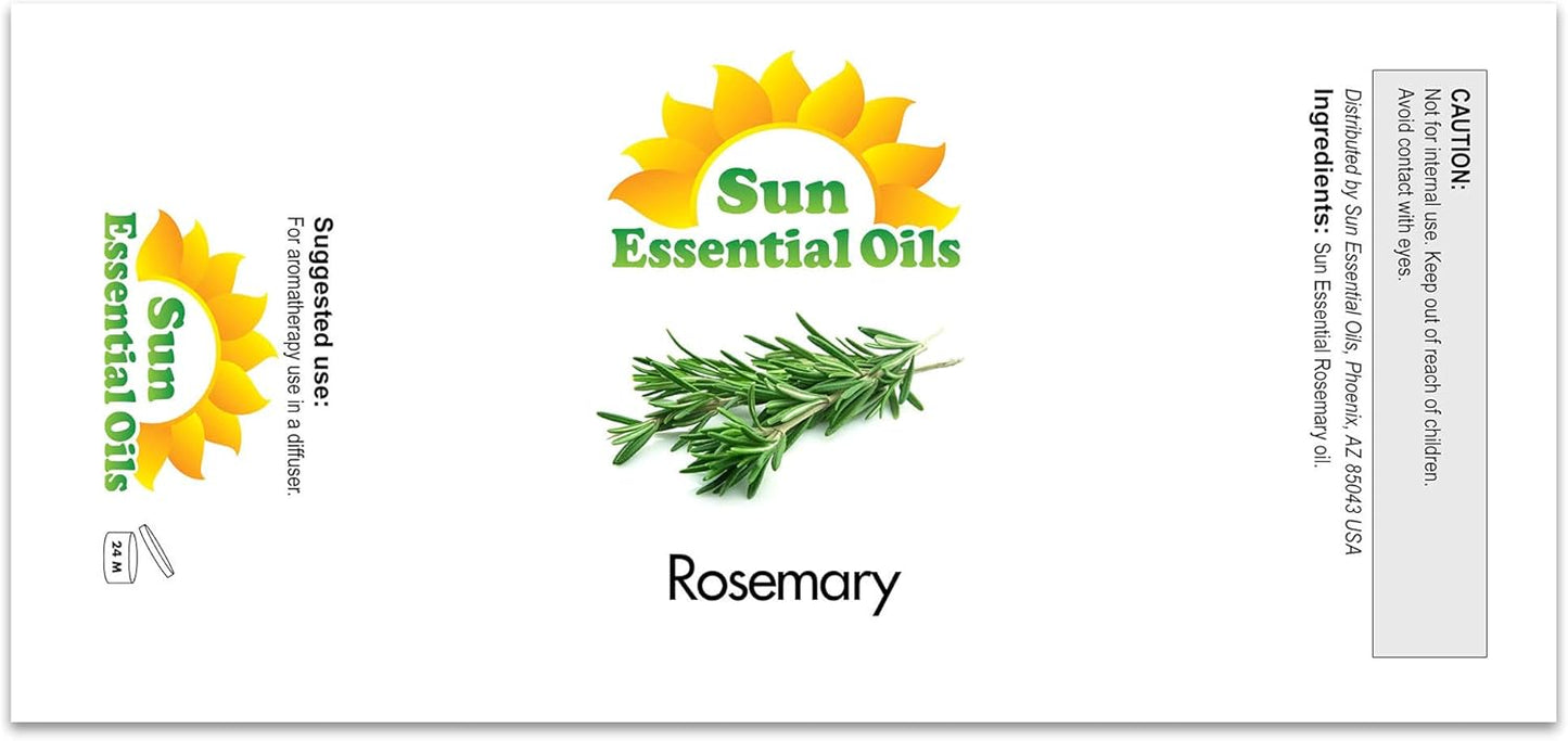 Sun Essential Oils - 2 oz Rosemary Essential Oil for Hair Growth, Skin, Scalp - Drops for Diffuser, Humidifier & Aromatherapy Massage - DIY Candle, Lotion & Shampoo Making - Help Sleep