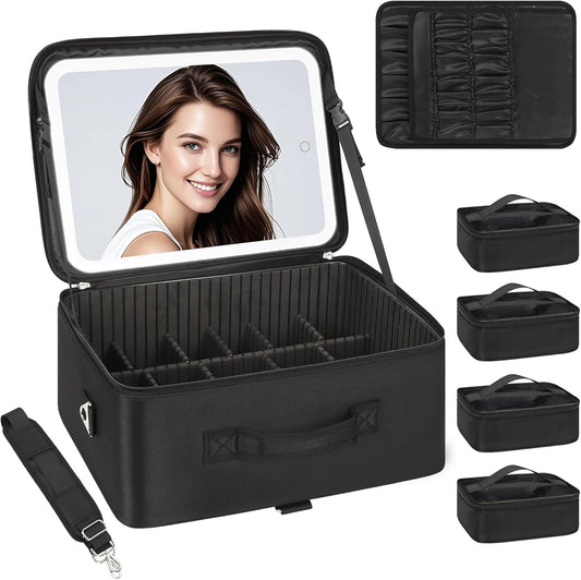Relavel Extra Large Cosmetic Bag with LED Mirror, Train Makeup Case with Adjustable Dividers and 4 Removable Pouches, Hair Supplies Organizer, Portable Cosmetic Organizer Bag for Makeup Artists