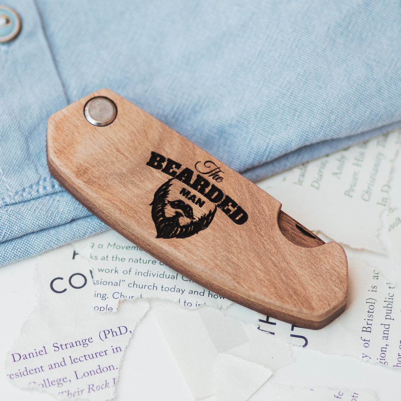 Beard Comb for Men Pocket Folding Combs for Mustache & Hair Travel Natural Wooden Comb with Real Man Engraving - Perfect for Use w/Beard Balm Oil (The Bearded Man)