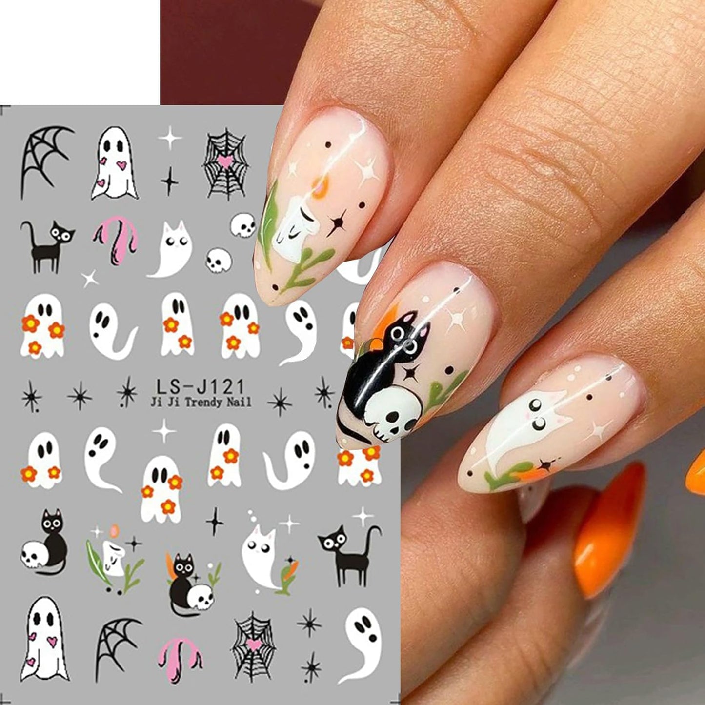 Halloween Nail Art Stickers 6 Sheets Cute Ghost Pumpkin 3D Self-Adhesive Nail Decals Bat Cat Skull Designs Nail Decorations Halloween DIY Manicure Supplies for Women Girls&Kids