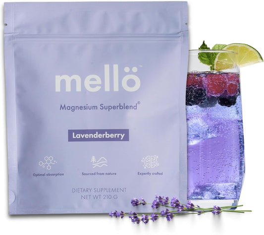 mellö Magnesium Supplement Superblend Powder - Magnesium Glycinate with L-Theanine, GABA, and 70 Trace Minerals - Supports Sleep, Relaxation, Balanced Energy - Lavenderberry Flavor, 30 Servings