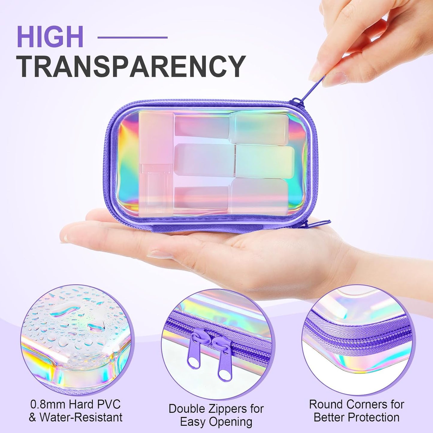 Hoolerry 3 Pcs Clear Hard Zipper Case Plastic Pouch Transparent Hard Case Clear Makeup Bag Portable Travel Organizer Bin for Cosmetics, Building Blocks, Puzzles(Laser,Xs)