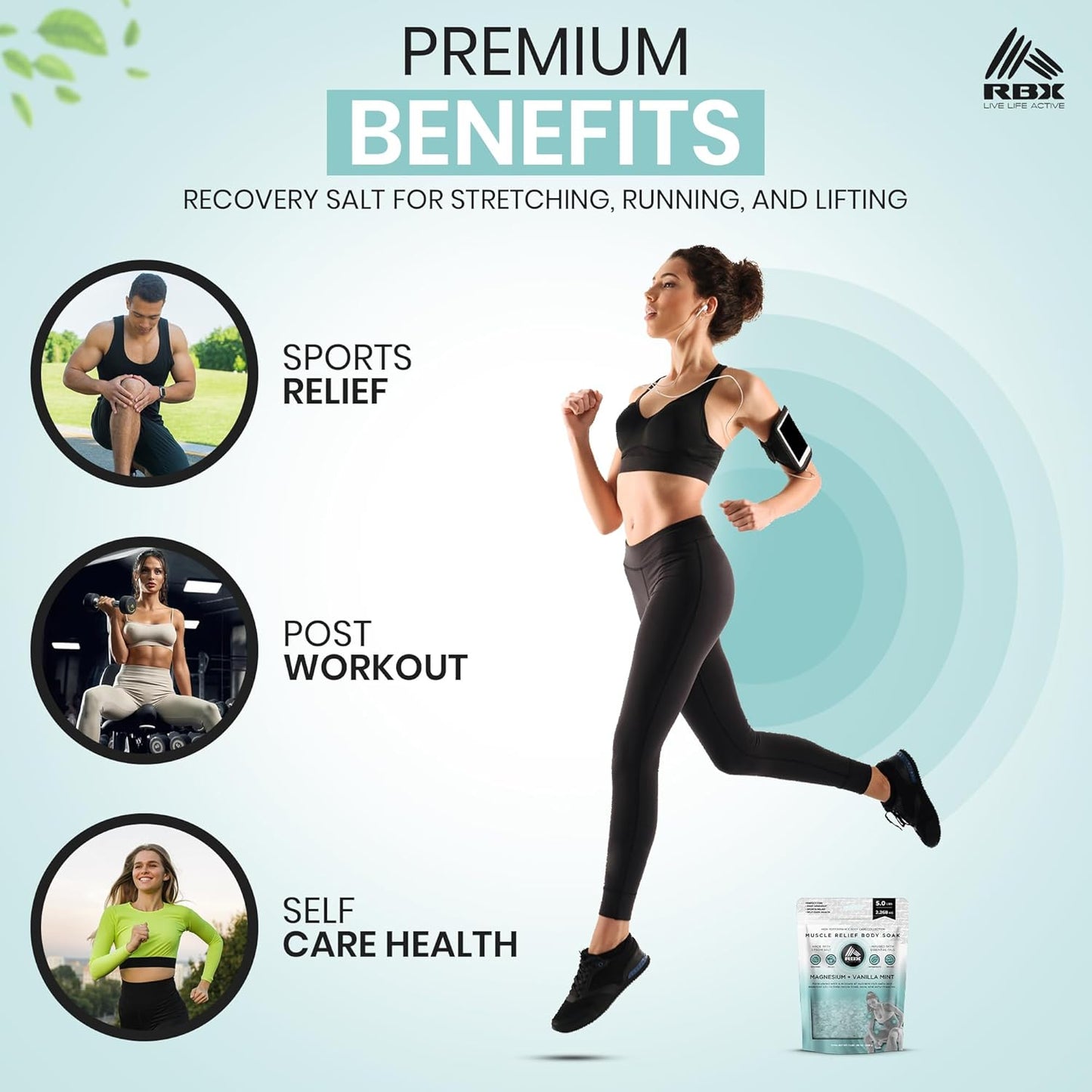 RBX Muscle Relief Epsom Salt Bath Soak – Magnesium Flakes & Bath Salts for Soothing Sore Muscles, Pain Relief, Foot Detox Soak – Vanilla Mint Scent – 5 lb Bag
