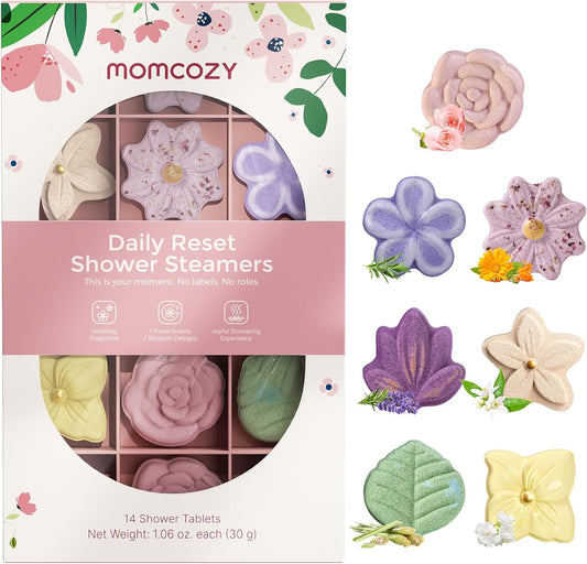 Momcozy Shower Steamers 14 Pack-7 Unique Shapes & Floral Scents, Long Lasting Fragrance, Gentle Formula, Perfect Travel & Gift Idea for Home Spa Relaxation