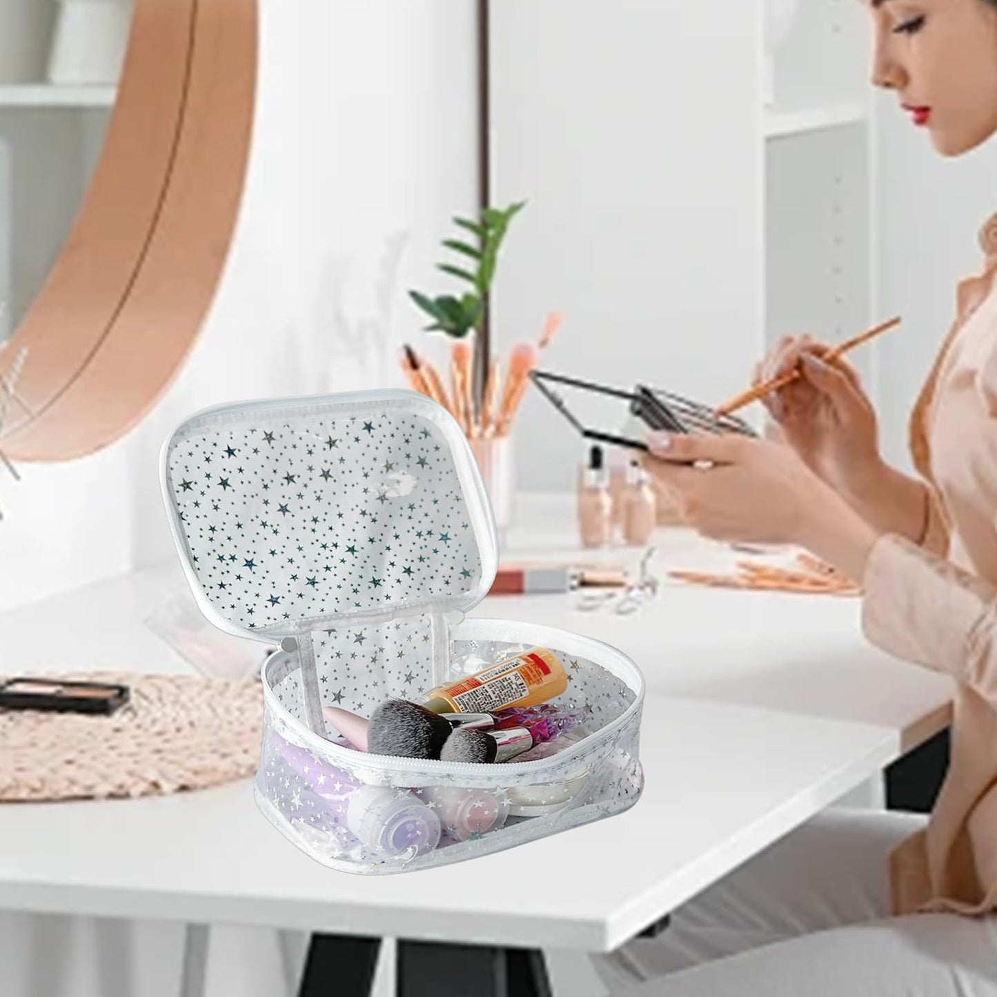 Holographic Makeup Bags Bulk,Clear Storage Bag Toiletry Pocket Portable Zippered Iridescent Pouch Waterproof Cosmetic Gift Bags for Women (White)