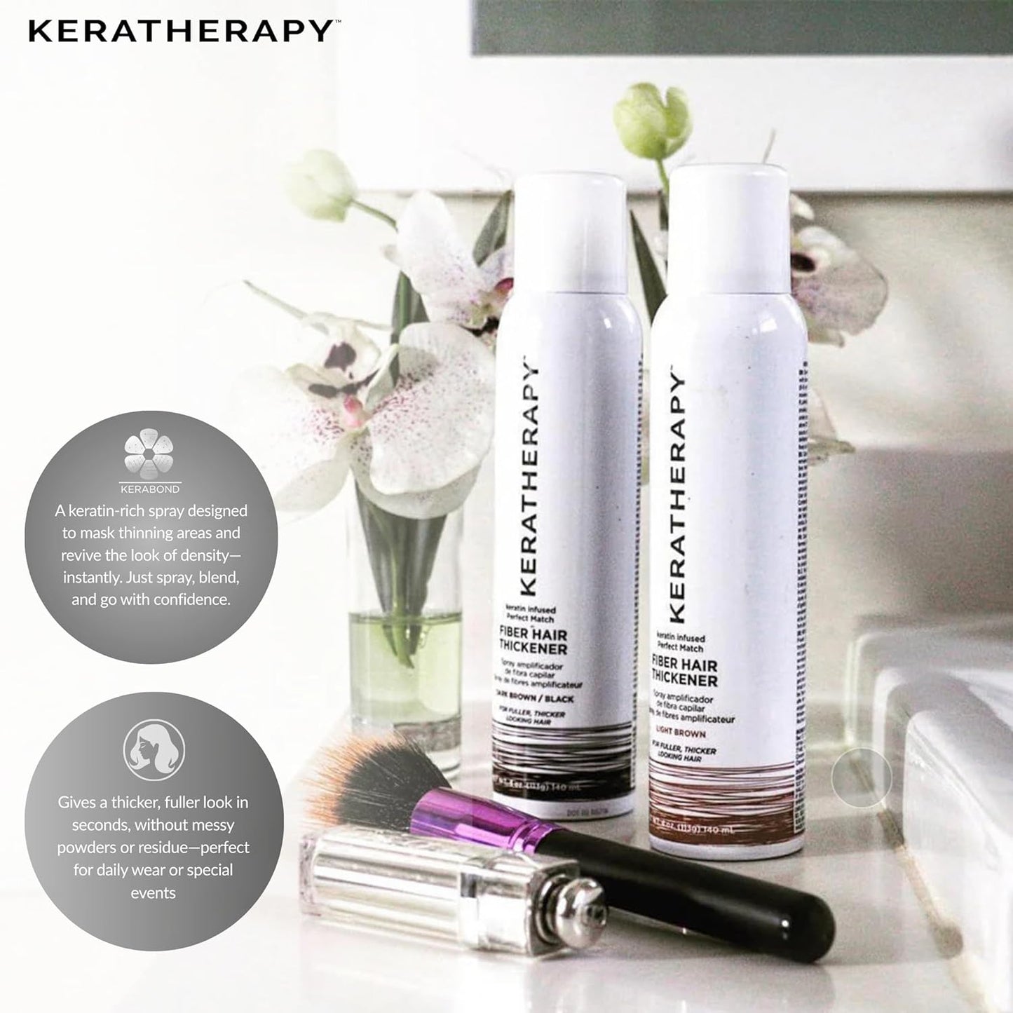 Keratherapy Keratin Infused Perfect Match Fiber Hair Thickener Spray, Light Brown, 4 fl. oz., 140 ml - Volumizing, Thickening, & Concealing Hairspray for Scalp Coverage, Roots & Thinning Areas