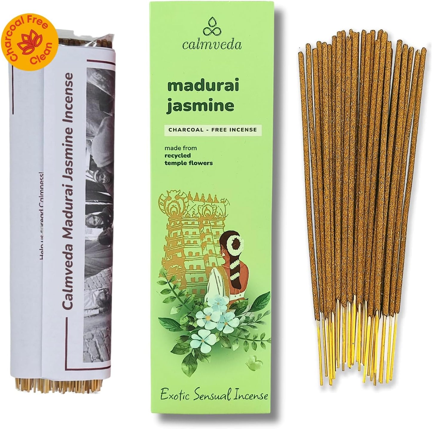 Madurai Jasmine Incense Sticks Exotic - Sensual Aroma (80 Sticks) Charcoal Free Incense, Made from Upcycled Flowers | Rich Decadent from Green, Fruity Yet Creamy Floral | Kama or Love Incense Sticks