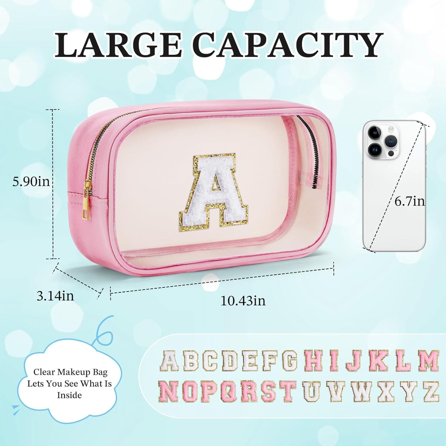 YOOLIFE Initial Travel Makeup Bag Pouch, Clear Toiletry Bag for Women Travel Accessories Cosmetic Bag Skin Care for Teen Make Up Bags Birthday Gifts for Women Unique Teacher Mom Friends Gifts Pink N