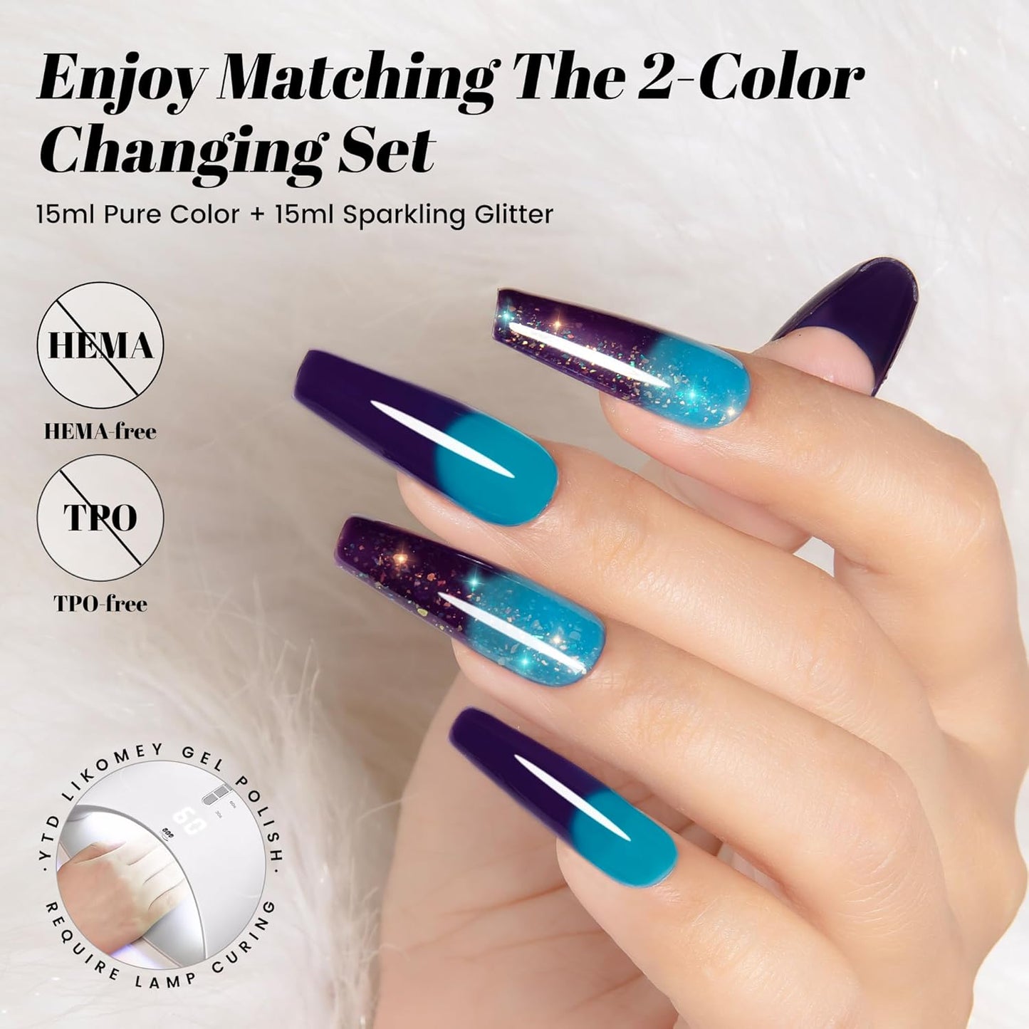 YTD Likomey Color Changing Gel Nail Polish 2 Pcs Set,15ml Turquoise To Dark Purple Color and Glitter Nails Gel Kit,Thermal Ombre Change Colors Salon Manicure Fall Winter UV Nail Varnish,WB2-6