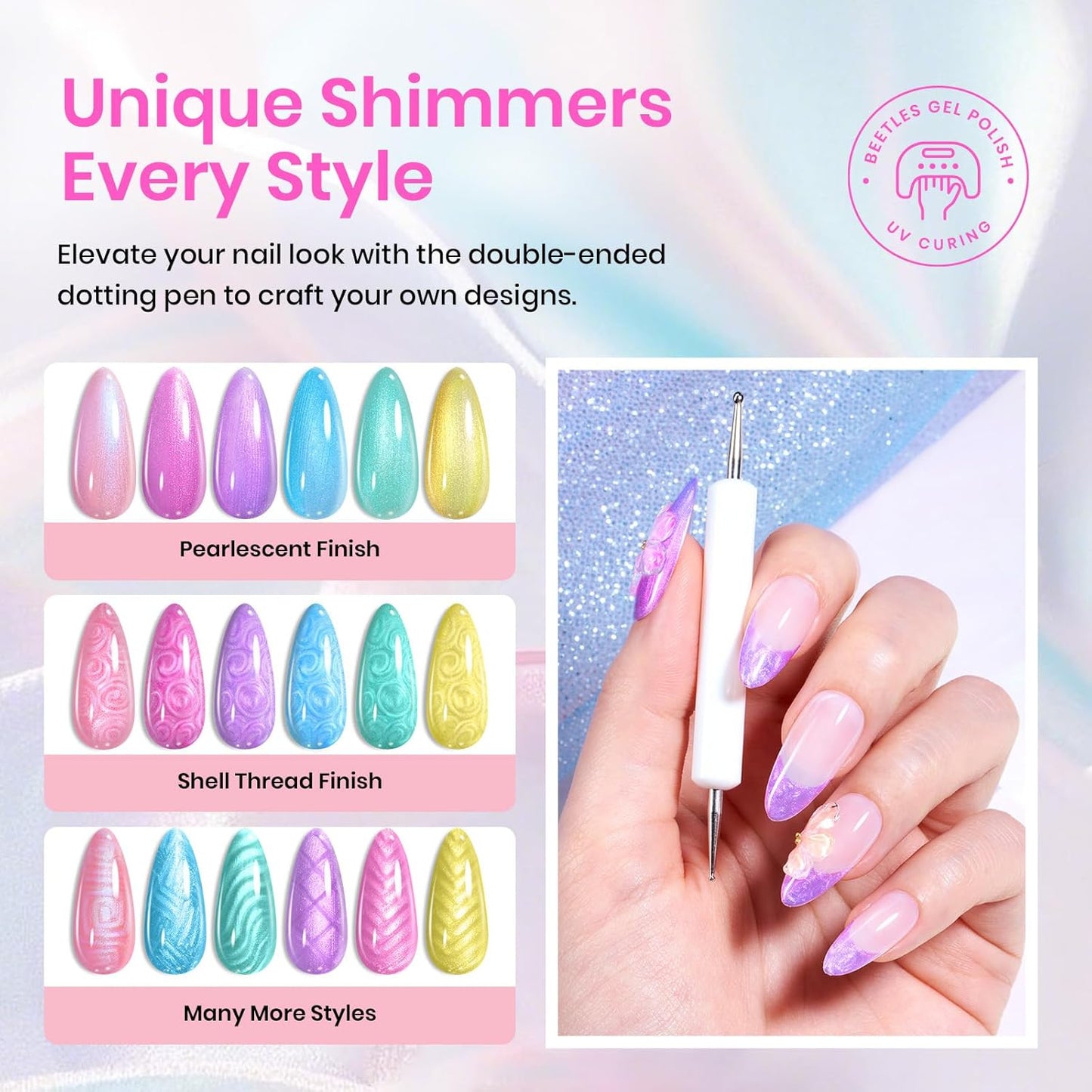 Beetles Shimmer Gel Nail Polish Set, 6 Colors Pink Blue Yellow Green Purple Iridescent Pearl Nail Polish Soak Off Uv Mermaid Gel Nail Polish Swirl Shell Thread Effect DIY Gift for Women