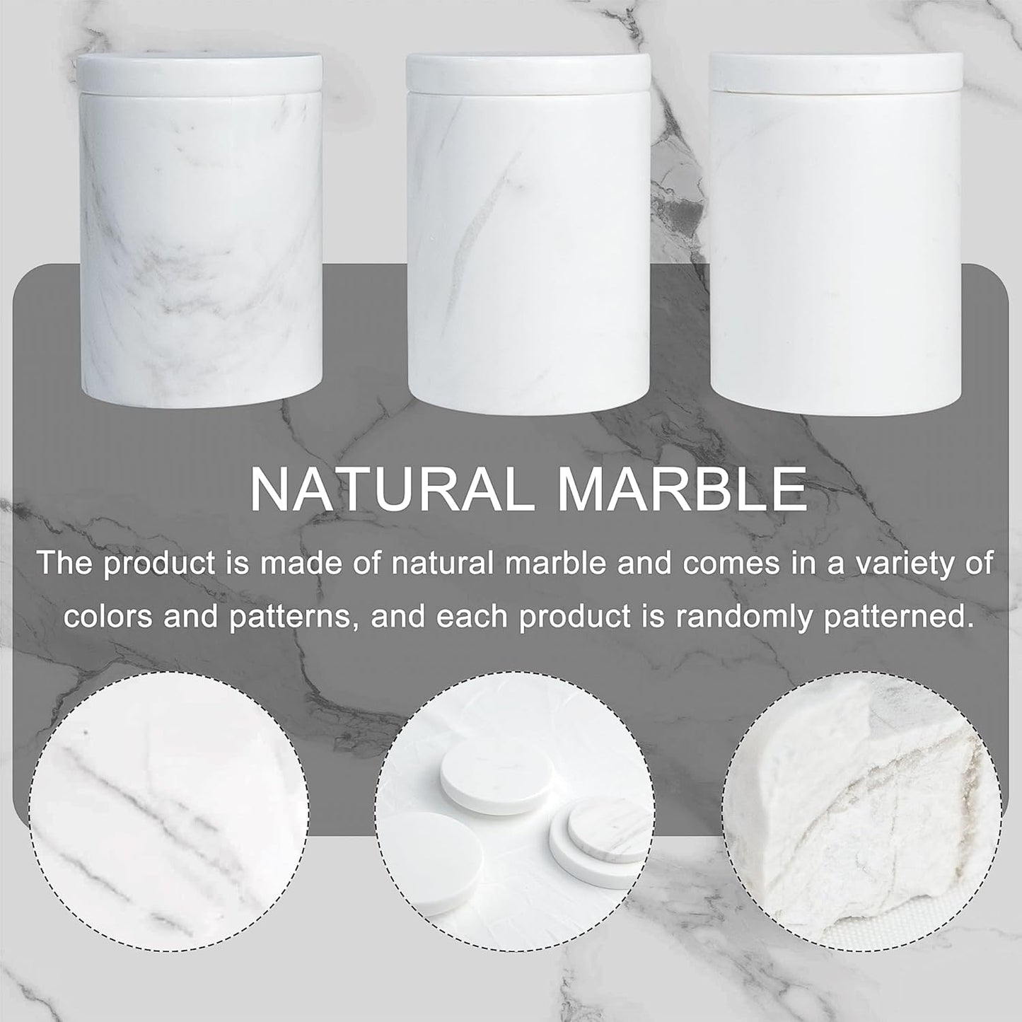 WORHE Marble Canister with Lid Natural Qtip Holder for Cotton Swabs, Balls, Pads, Floss Picks, Bath Salts - Vanity Makeup Storage Organizer Bathroom Essentials Accessories Decor White (DL011)
