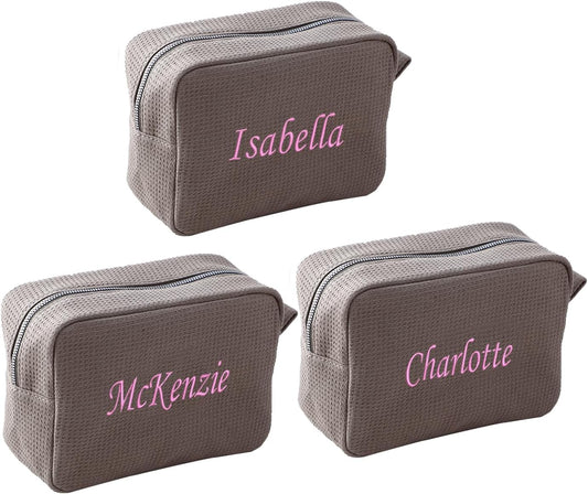 Personalized Embroidered Makeup Bag,Custom Waffle Fabric Cosmetic Pouch for Women, Travel Makeup Pouch (3, Gray)