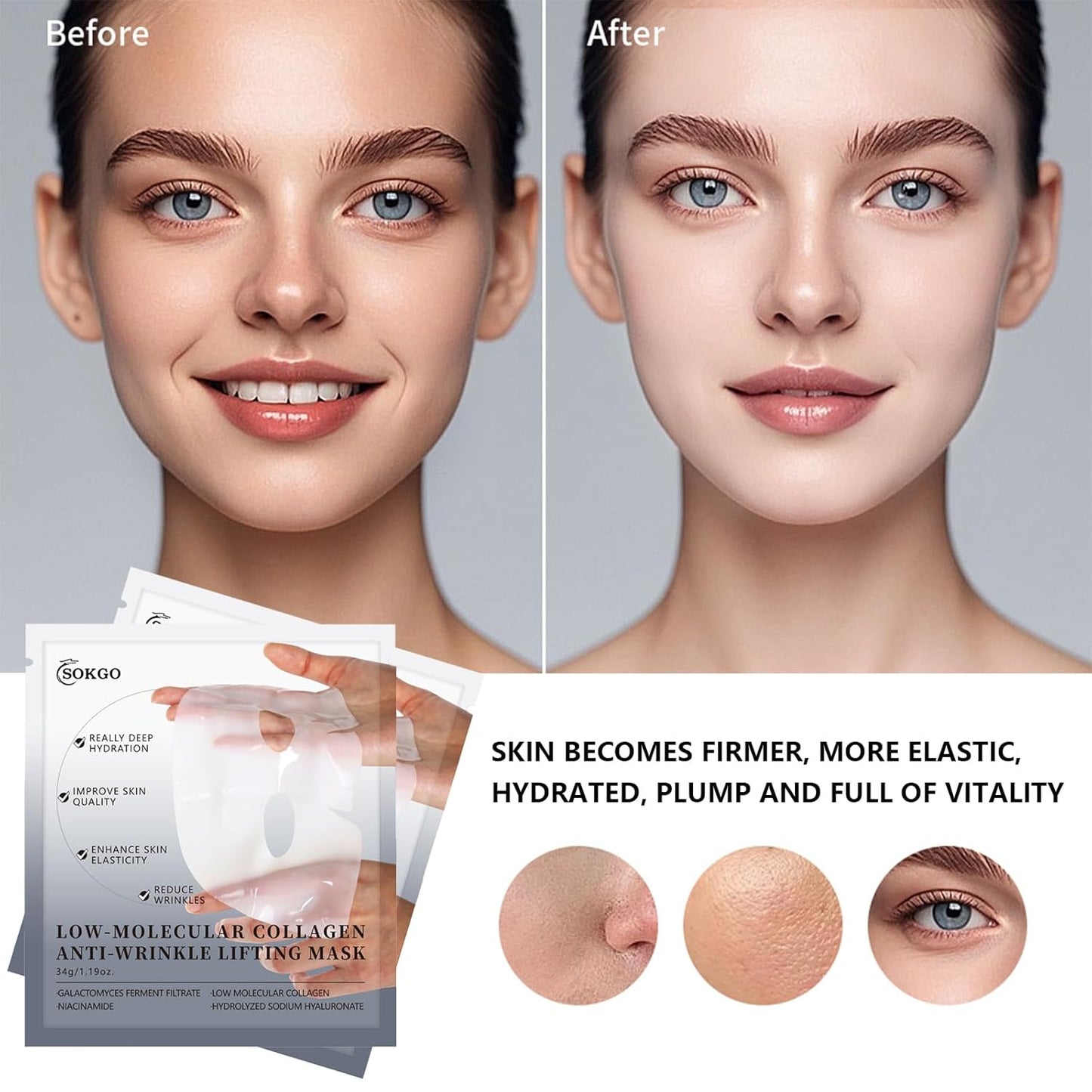 Low Molecular Weight Collagen Overnight Hydrogel Mask, Enhances Skin Elasticity, Reduces Pores, Transforms from White to Transparent Upon Absorption Skin Care Treatment
